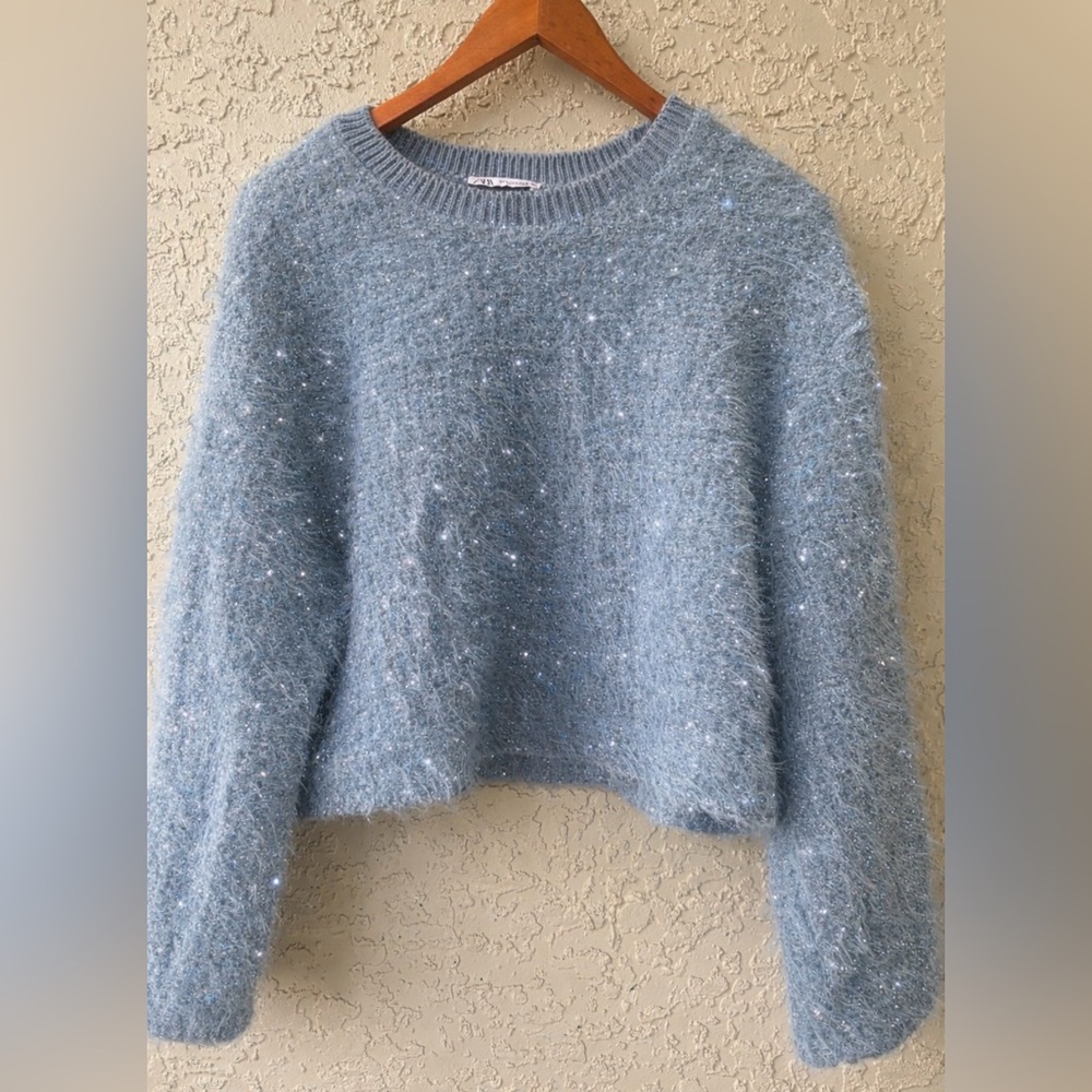 ZARA Blue Fuzzy Metallic Thread Sweater Cropped Boxy Bell Sleeves Oversized